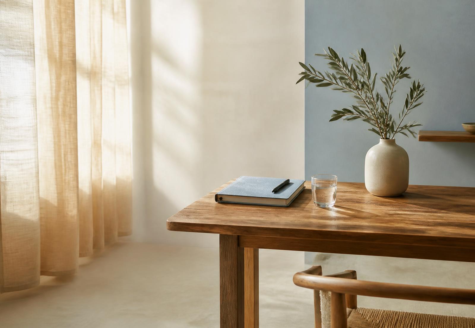 A quiet, sunlit table with a notebook — a calm space to think through decisions